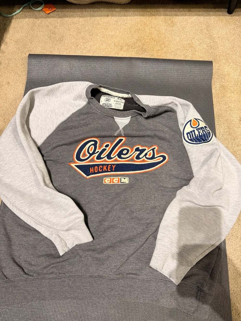 CCM Pro Okd Athletic Equipment Edmonton Oilers Hockey Grey Raglan Sweatshirt XL
